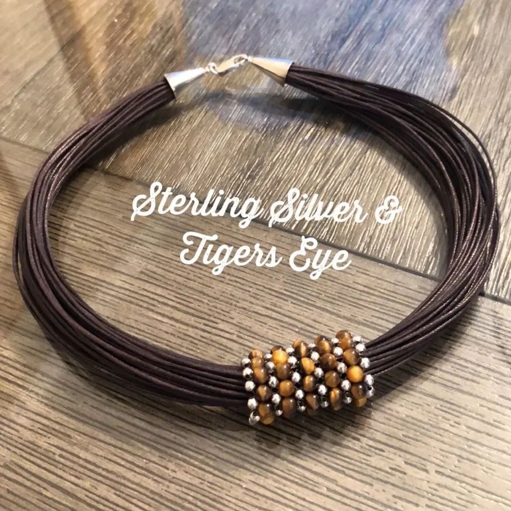 Waxed Brown Cord Necklace with Silver & Tigers Eye Beads, Sterling End Caps